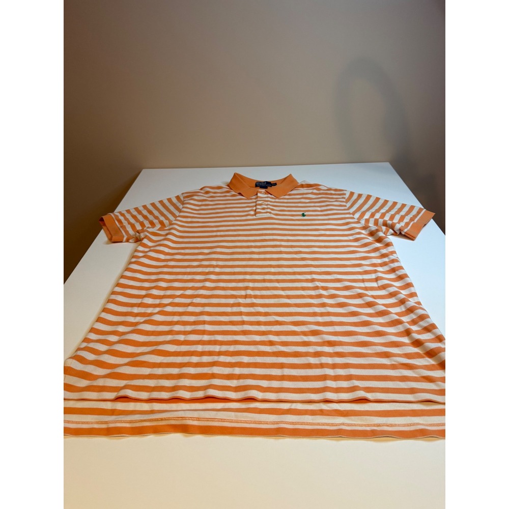 Polo Ralph Lauren Mens XXL Orange White Striped Short Sleeve Pique Polo Shirt